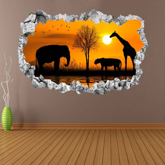 Giraffe Elephant Lion Sunset Silhouette Wall Sticker Mural Decal Poster Print Art Home Office Decor African Animals Wildlife Kl8 - image 1