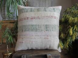 50cm - Or 20Inch Vintage Kilim Cushion Cover Handwoven - Goat Hair/Wool/Linen Green & Red Band On Cream - thumbnail 1