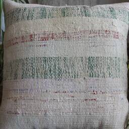 50cm - Or 20Inch Vintage Kilim Cushion Cover Handwoven - Goat Hair/Wool/Linen Green & Red Band On Cream - thumbnail 2
