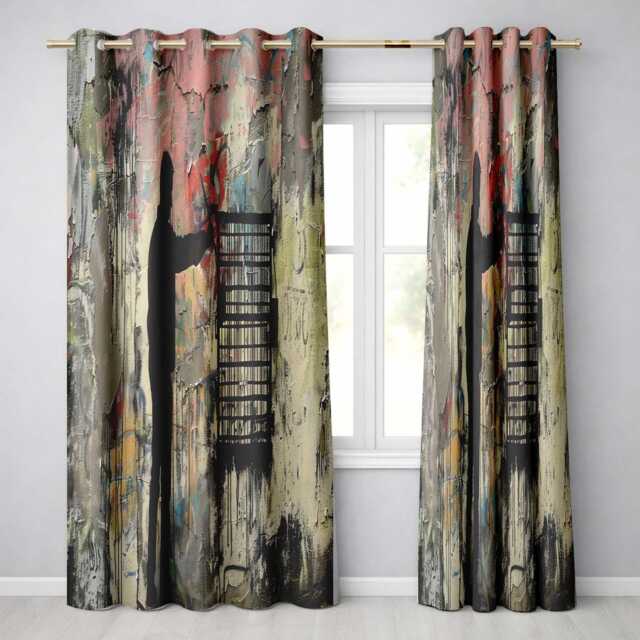 Man Unlocking Urban Cage Graffiti Scene Vibrant Expressive Artwork For Home Decor Readymade Eyelet Ring Top Thermal 100% Blackout Curtains - image 1