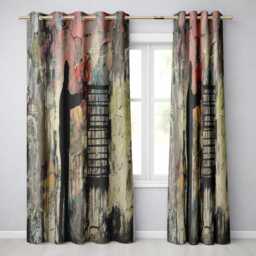 Man Unlocking Urban Cage Graffiti Scene Vibrant Expressive Artwork For Home Decor Readymade Eyelet Ring Top Thermal 100% Blackout Curtains - thumbnail 1