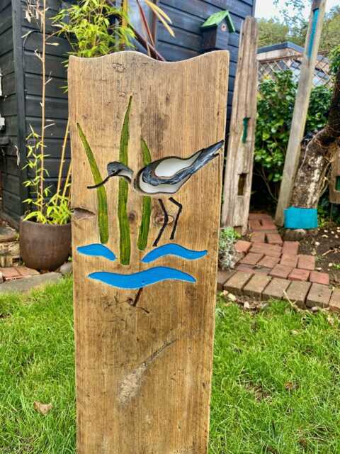 Avocet Bird Garden Sculpture - Personalised Reclaimed Wood & Stained Glass Art - image 1