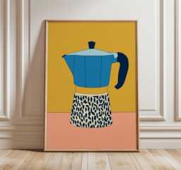 Blue Moka Pot Poster, Modern Minimalist Coffee Art Print, Mid Century Kitchen Decor, Abstract Geometric Maker Artwork - thumbnail 1