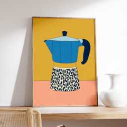 Blue Moka Pot Poster, Modern Minimalist Coffee Art Print, Mid Century Kitchen Decor, Abstract Geometric Maker Artwork - thumbnail 2