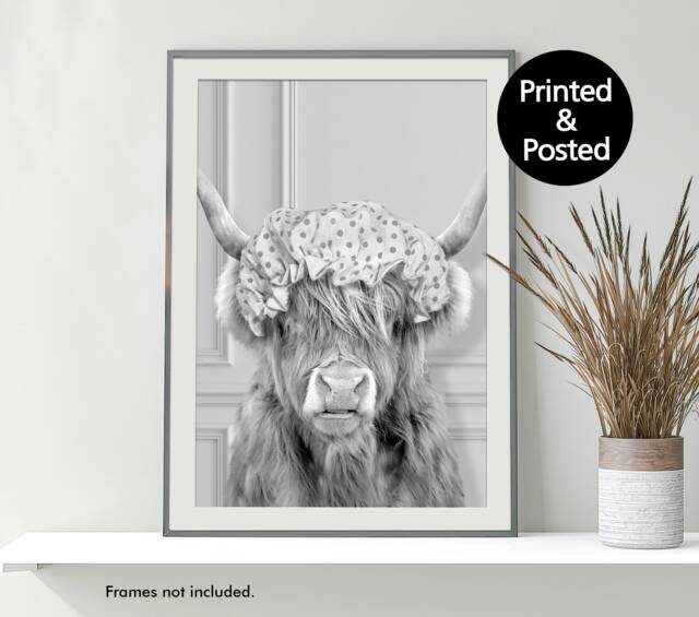 Black & Whitehighland Cow in A Shower Cap Print, Bathing, Funny Bathroom Animal Hat, Highland Bath Cap, Whimsy - image 1