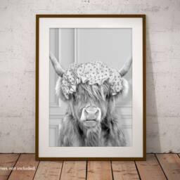 Black & Whitehighland Cow in A Shower Cap Print, Bathing, Funny Bathroom Animal Hat, Highland Bath Cap, Whimsy - thumbnail 3