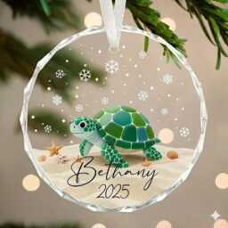 Personalized Sea Turtle Christmas Ornament, Opalescent Faux Stained Glass Tree Hanging Decor, Custom Ocean Gift For Beach Lovers - thumbnail 2