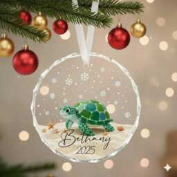 Personalized Sea Turtle Christmas Ornament, Opalescent Faux Stained Glass Tree Hanging Decor, Custom Ocean Gift For Beach Lovers - thumbnail 3
