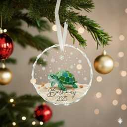 Personalized Sea Turtle Christmas Ornament, Opalescent Faux Stained Glass Tree Hanging Decor, Custom Ocean Gift For Beach Lovers