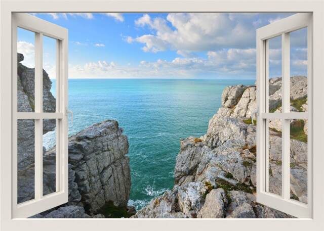 Sea View Wall Decal, 3D Window Sticker, Nature Rocks Mural, Bedroom Home Decor Living Room