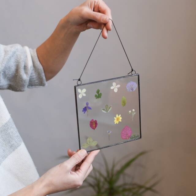 Pressed Flowers Stained Glass Floating Frame, Square Herbarium Wall Decor, Framed Dried Wildflowers Panel, Botanical Art - image 1