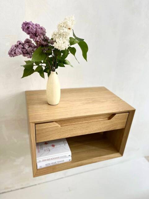 Wall Mounted Nightstand, Oak Nightstand With Drawer, Floating Set Of 2, Unique Bookshelf Hanging Pair - image 1