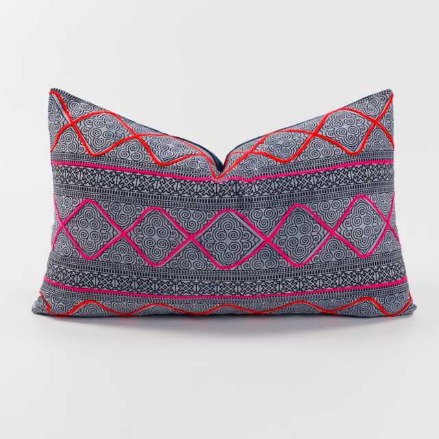 "Handwoven Hmong Batik Lumbar Pillow - Embroidered Tribal Cushion Cover - 12""x20" - image 1