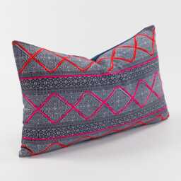 "Handwoven Hmong Batik Lumbar Pillow - Embroidered Tribal Cushion Cover - 12""x20" - thumbnail 3