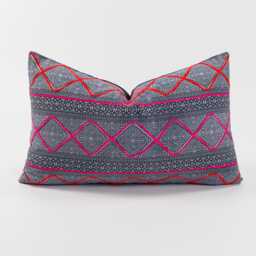 "Handwoven Hmong Batik Lumbar Pillow - Embroidered Tribal Cushion Cover - 12""x20" - thumbnail 1