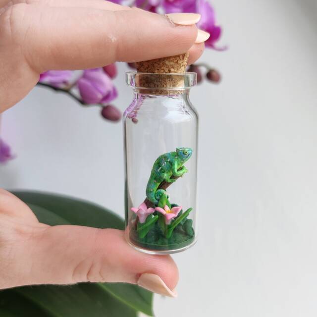 Little Chameleon With Flowers in Glass-Bottle/Unique Miniature Figure/ Handmade Artwork - image 1