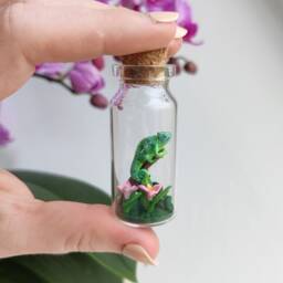 Little Chameleon With Flowers in Glass-Bottle/Unique Miniature Figure/ Handmade Artwork - thumbnail 1