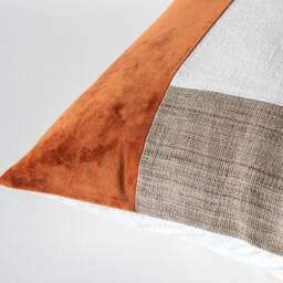 Mid Century Modern Color Block Pillow Cover Handmade From Orange Velvet/Off-White Stonewashed Linen/Brown Nettle, Geometric Cushion - thumbnail 2