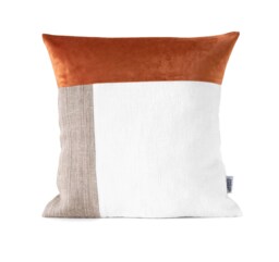 Mid Century Modern Color Block Pillow Cover Handmade From Orange Velvet/Off-White Stonewashed Linen/Brown Nettle, Geometric Cushion