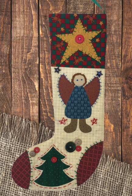 Handmade Christmas Stocking With Angel, Star, Tree Appliqu??s, Button & Handstitching Embellishment Free Us Shipping - image 1