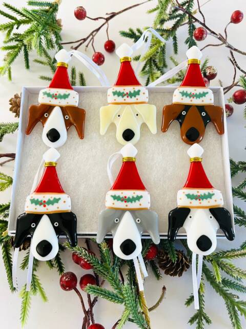 Fused Glass Dog Christmas Decoration -Fused Ornament, Dog Decoration, Santa Hat Cornish Fused Glass - image 1