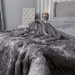 Super Luxury - Grey Wolf Faux Fur With Silver Polar Fleece Lining Hand Made Throw - thumbnail 2