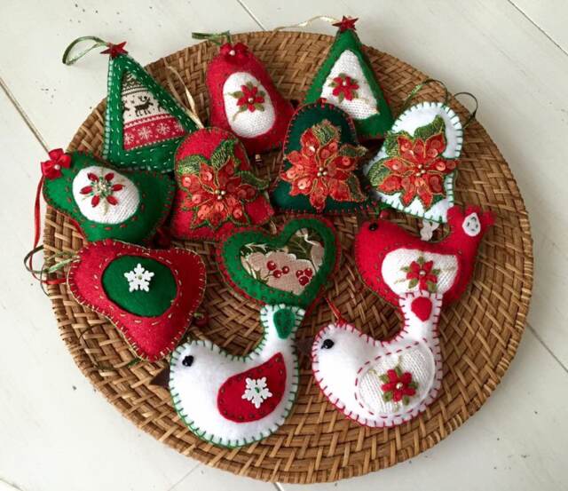 Felt Christmas Ornaments Felt Decoration Green White Red Poinsettia One Ornament Bells Bird Tree Holiday Accessory D??cor