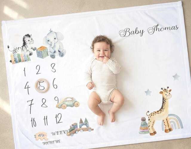 Personalised Safari Milestone Blanket, Baby Boy Jungle Animals, Monthly Growth Chart Prop - image 1