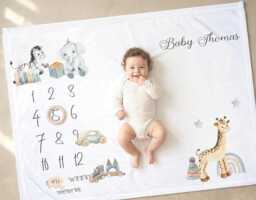 Personalised Safari Milestone Blanket, Baby Boy Jungle Animals, Monthly Growth Chart Prop - thumbnail 1