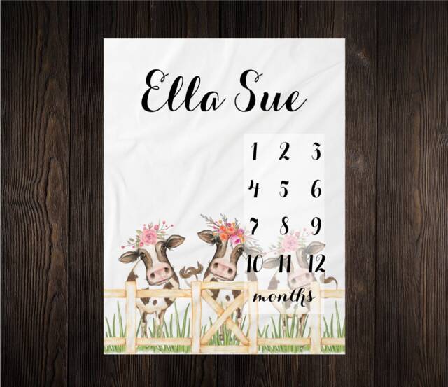 Cows Milestone Blanket Month Growth Tracker Minky Fleece Custom Personalized Baby Shower Gift Watercolor Floral Newborn - image 1
