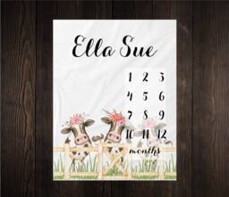 Cows Milestone Blanket Month Growth Tracker Minky Fleece Custom Personalized Baby Shower Gift Watercolor Floral Newborn - thumbnail 1