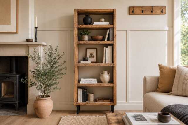 Industrial Bookcase Rustic Style, Steel Tube Legs, Solid Wood Shelves - image 1