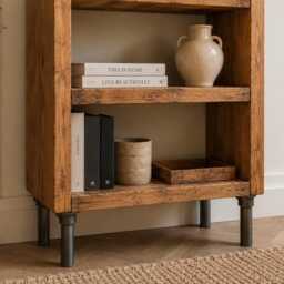 Industrial Bookcase Rustic Style, Steel Tube Legs, Solid Wood Shelves - thumbnail 3