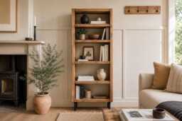 Industrial Bookcase Rustic Style, Steel Tube Legs, Solid Wood Shelves