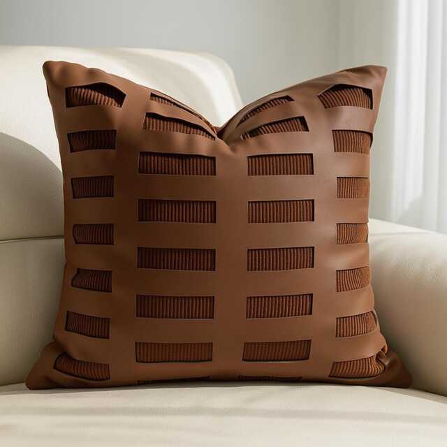 Brown 45x45 Leather Cushion Geometric Cutout Ribbed Fabric Insert Modern Decorative Throw Pillow Contemporary Sofa Accent - image 1