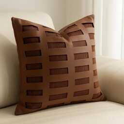 Brown 45x45 Leather Cushion Geometric Cutout Ribbed Fabric Insert Modern Decorative Throw Pillow Contemporary Sofa Accent - thumbnail 2