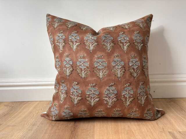 Authentic Boho Floral Indian Hand Block Stamped Linen Print Pillow Cover Blue Amber Rust Brown Available in Multiple Sizes Scandinavian - image 1