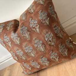 Authentic Boho Floral Indian Hand Block Stamped Linen Print Pillow Cover Blue Amber Rust Brown Available in Multiple Sizes Scandinavian - thumbnail 2