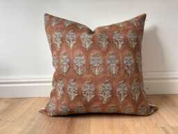 Authentic Boho Floral Indian Hand Block Stamped Linen Print Pillow Cover Blue Amber Rust Brown Available in Multiple Sizes Scandinavian - thumbnail 1
