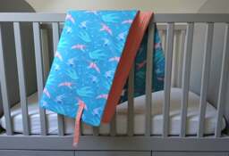 Baby Blanket/ Rug Blue & Coral Nomatic With Origami Birds Pattern