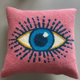 Handmade Tufted Evil Eye Pillow Cover Cotton Throw - 16x16 Inch - thumbnail 3