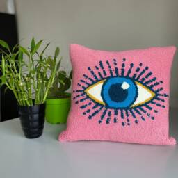 Handmade Tufted Evil Eye Pillow Cover Cotton Throw - 16x16 Inch - thumbnail 2