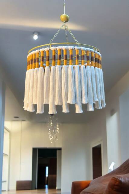 Boho Tassel Chandelier, Handmade Cotton Pendant Light, Natural Fringe Ceiling Lamp, Living Room Light - image 1
