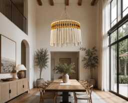 Handmade Boho Tassel Chandelier, Large Fringe Pendant Light, Natural Fiber Ceiling Light - thumbnail 1