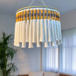 Boho Tassel Chandelier, Handmade Cotton Pendant Light, Natural Fringe Ceiling Lamp, Living Room Light - thumbnail 3