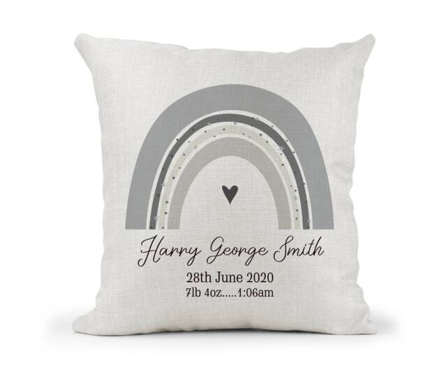 Personalised Rainbow Cushion Boys New Baby Keepsake , Bedroom Decor Birth Details Modern Nursery - image 1