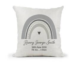 Personalised Rainbow Cushion Boys New Baby Keepsake , Bedroom Decor Birth Details Modern Nursery - thumbnail 1