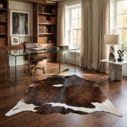 Dark Brown & White Cowhide Rug Rustic Hair-On Leather Area Rug - 39x38 Inches - thumbnail 2