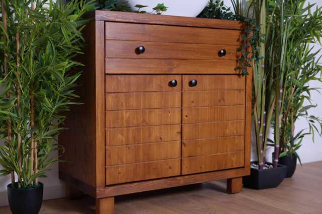 Hand-Crafted Pine Wood Bathroom Vanity - Chunky Wash Stand, Drawer & Cupboard Walnut Finish - image 1