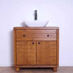 Hand-Crafted Pine Wood Bathroom Vanity - Chunky Wash Stand, Drawer & Cupboard Walnut Finish - thumbnail 2